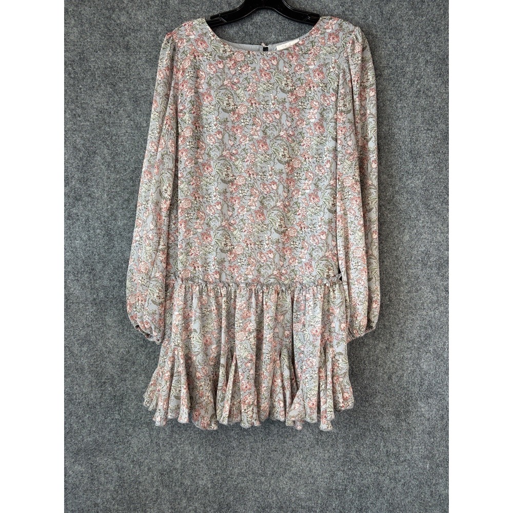 Blush BJ Mini Dress Womens L Blue Pink Floral Romantic Ruffle Long Sleeve